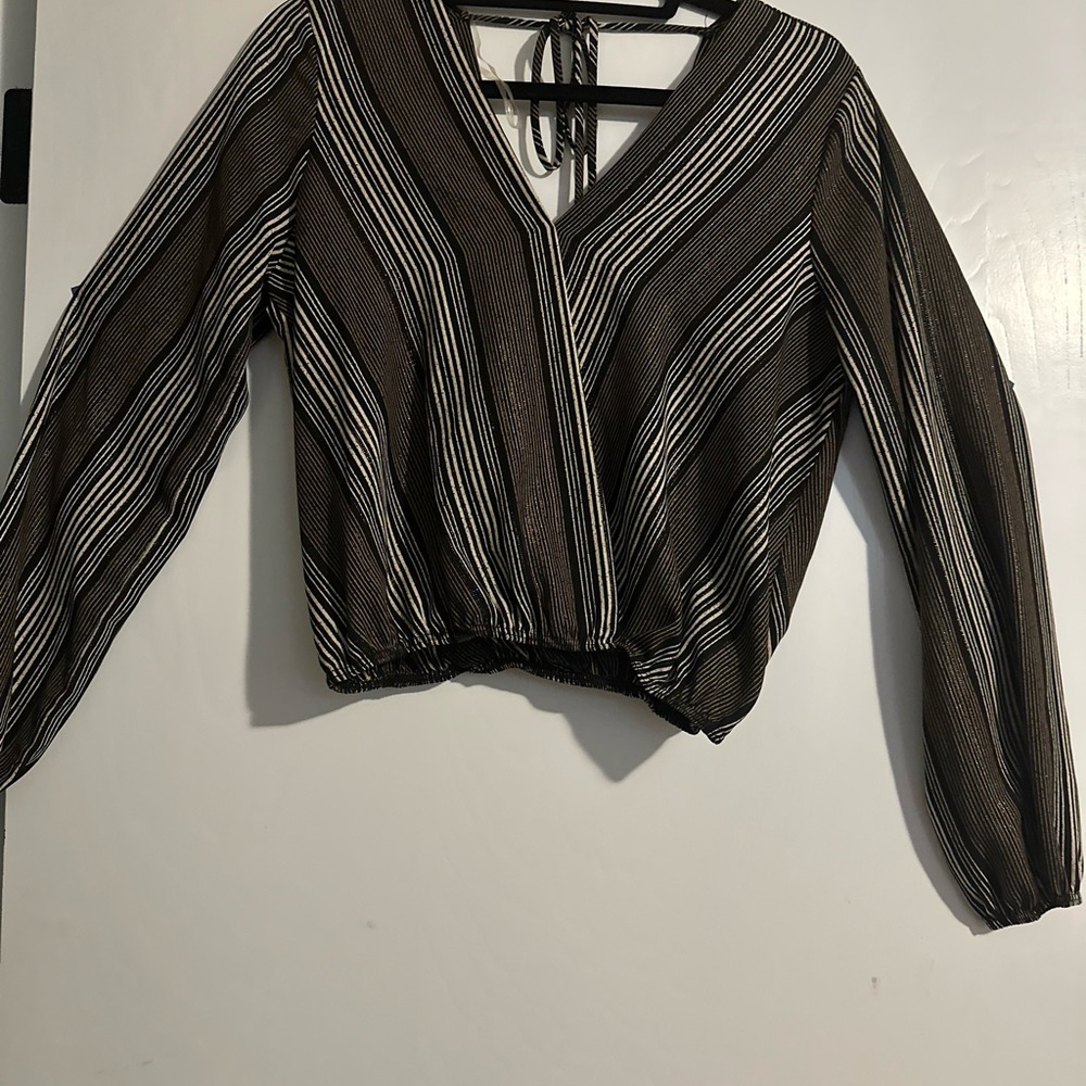 Striped V-Neck Blouse - Black and White